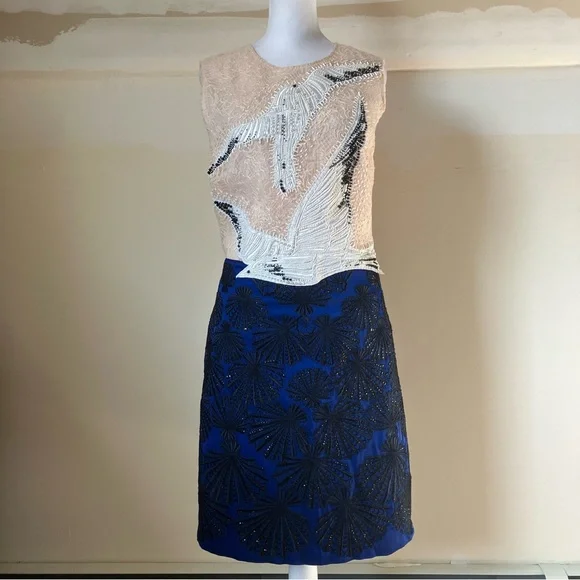 Emilio Pucci Blush Lace Beaded Bird Sleeveless Blue Scallop Shell Dress size 14 - Picture 2 of 15